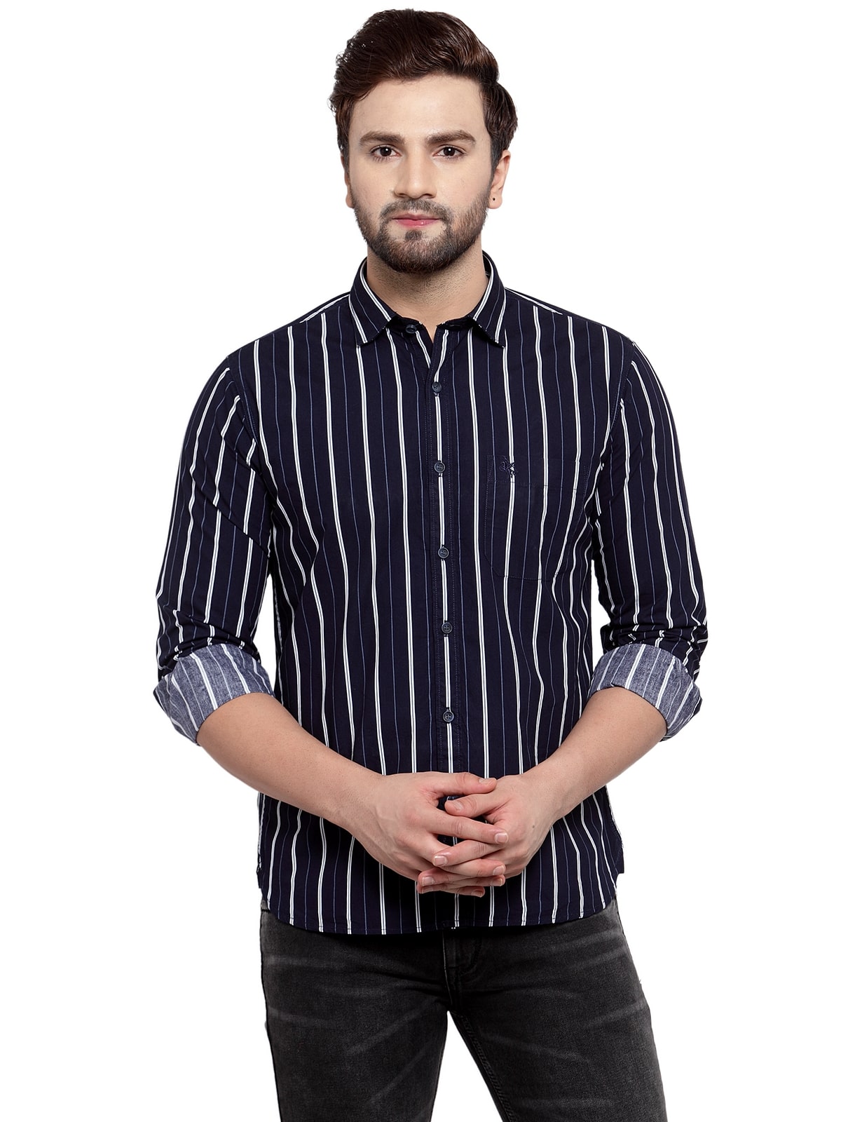 

Cantabil Men Navy Blue Vertical Stripes Slim Fit Casual Shirt