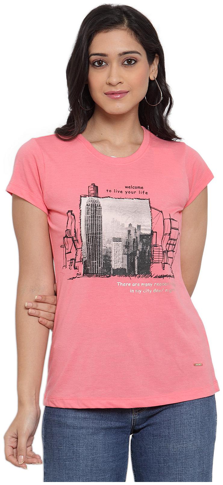 

Cantabil Women Pink Regular fit Round neck Blended T shirt
