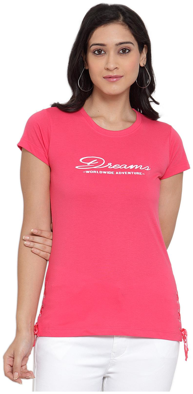 

Cantabil Women Pink Regular fit Round neck Blended T shirt