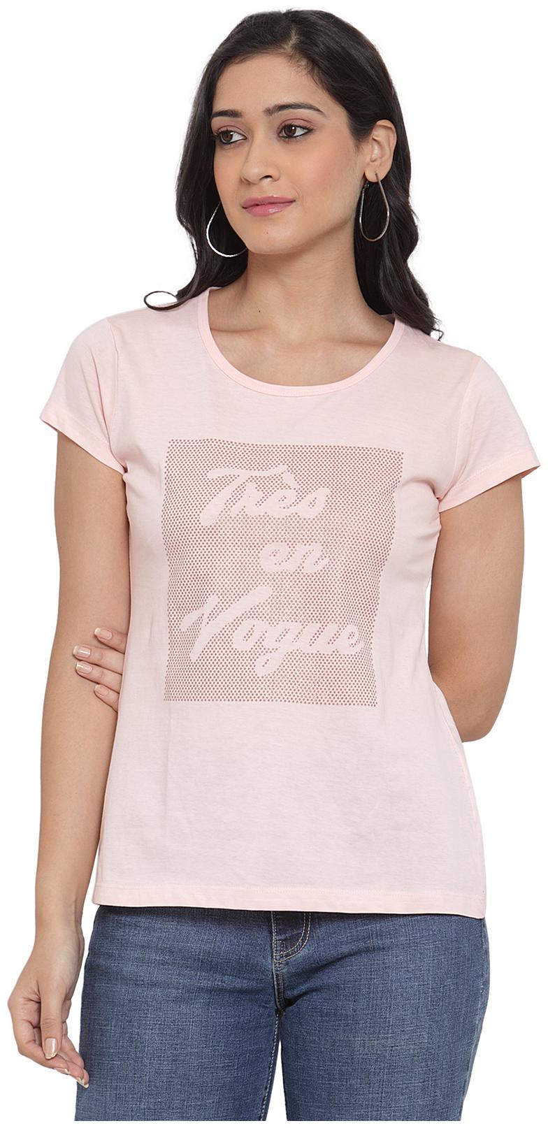 

Cantabil Women Pink Regular fit Round neck Blended T shirt
