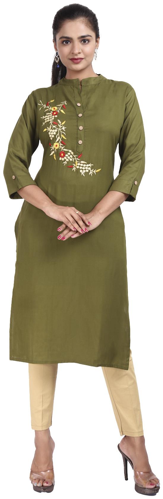 

Canvir Women Olive Viscose Rayon Embroidered Kurta