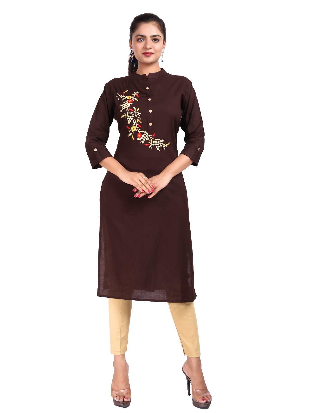 

CANVIR Women Brown Embroidered Straight Kurta