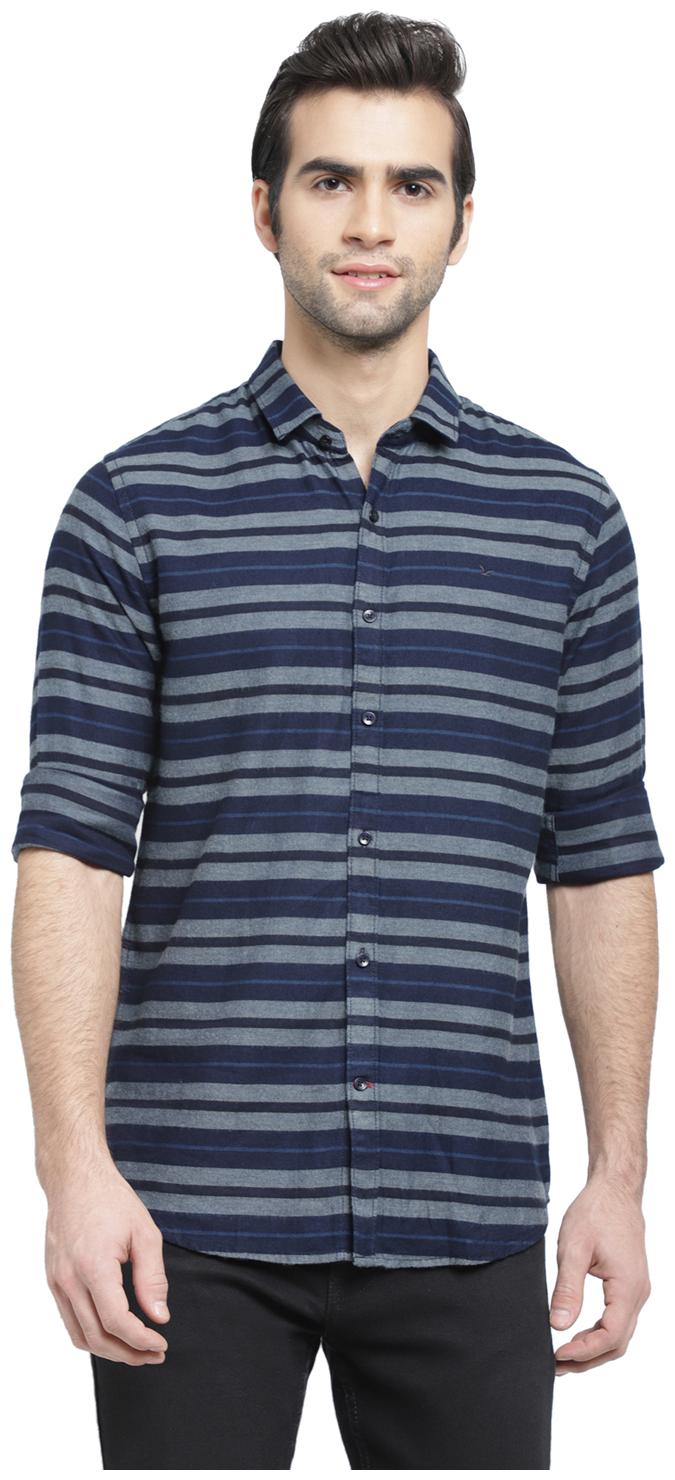 

cape canary Men Grey Horizontal Stripes Regular Fit Casual Shirt