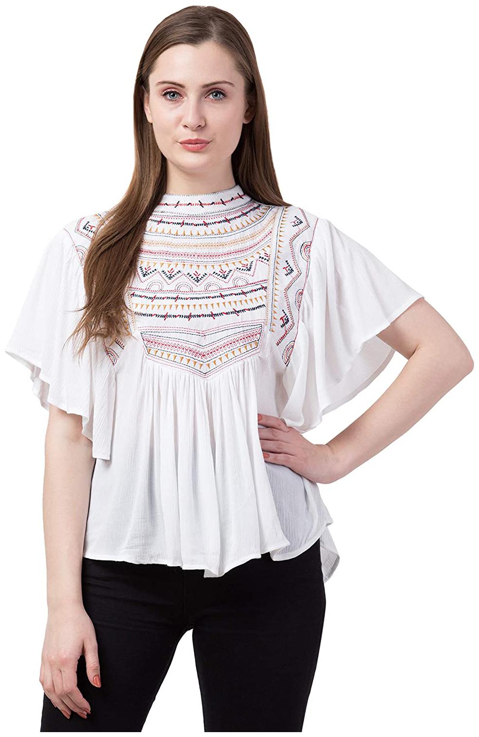 Casual Bell Sleeve Embroidered Women White Top by AMEVI