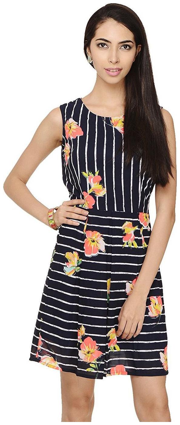 

Cattleya Women s Crepe Navy White Stripe with Print Tailored Dress