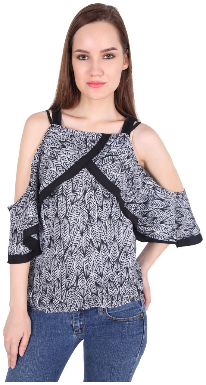 

Cattleya Women s Crew Neck Cold Shoulder Black White Printed Top