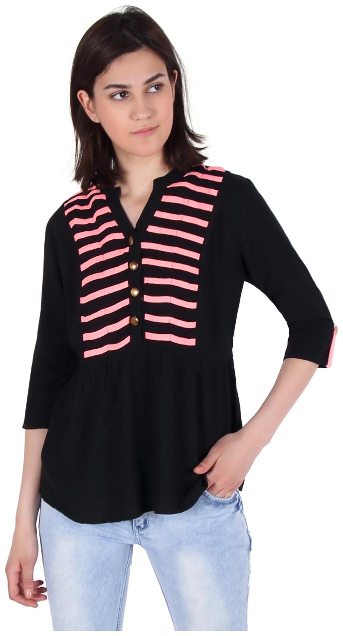 

Cattleya Women s Rayon Cotton Black Pink Shirt With Contrast Stripe Yoke