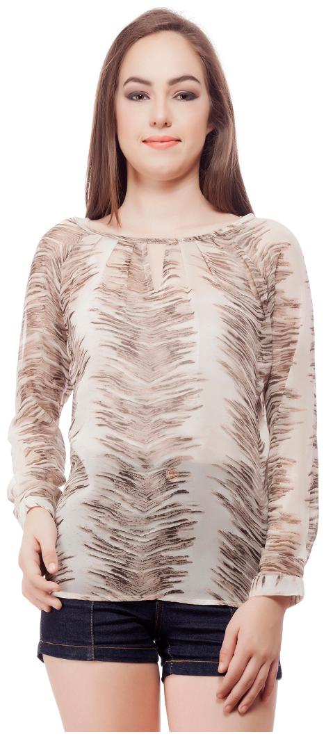 

Cattleya Women s Off White Brown Printed Georgette Designer Top