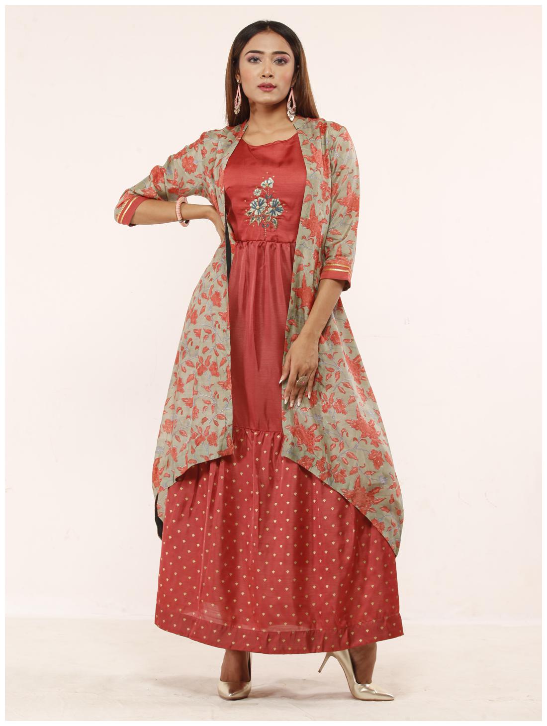 

Celebration Women s Red Satin Round Neck Gown with Jacket