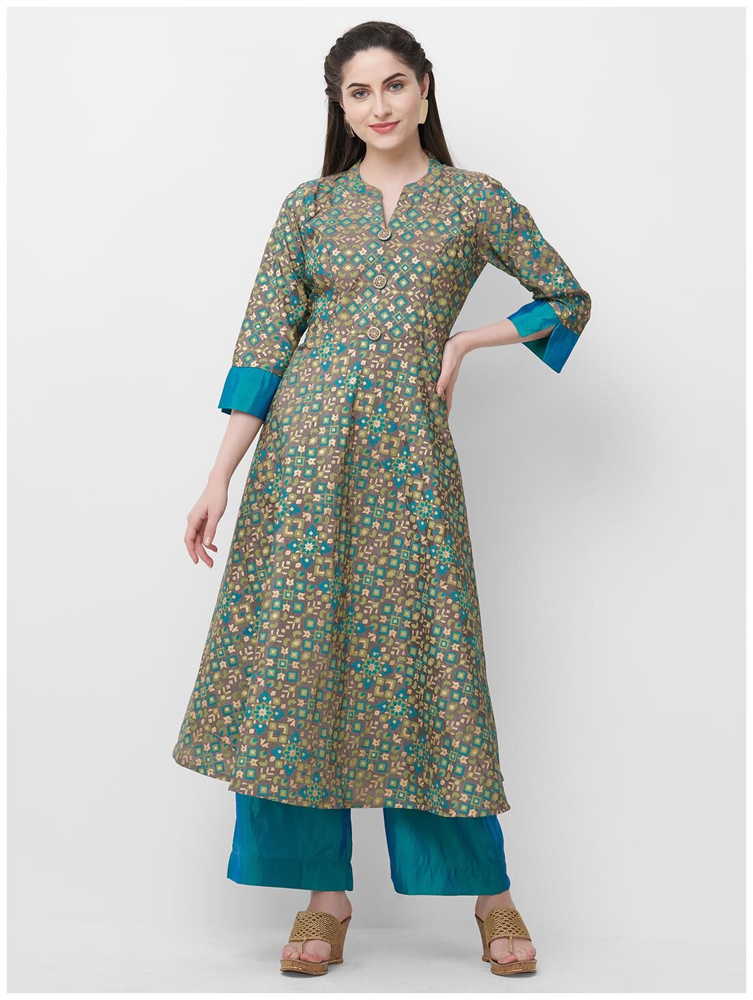

Celebration Women Grey Printed Straight Kurta With Palazzo