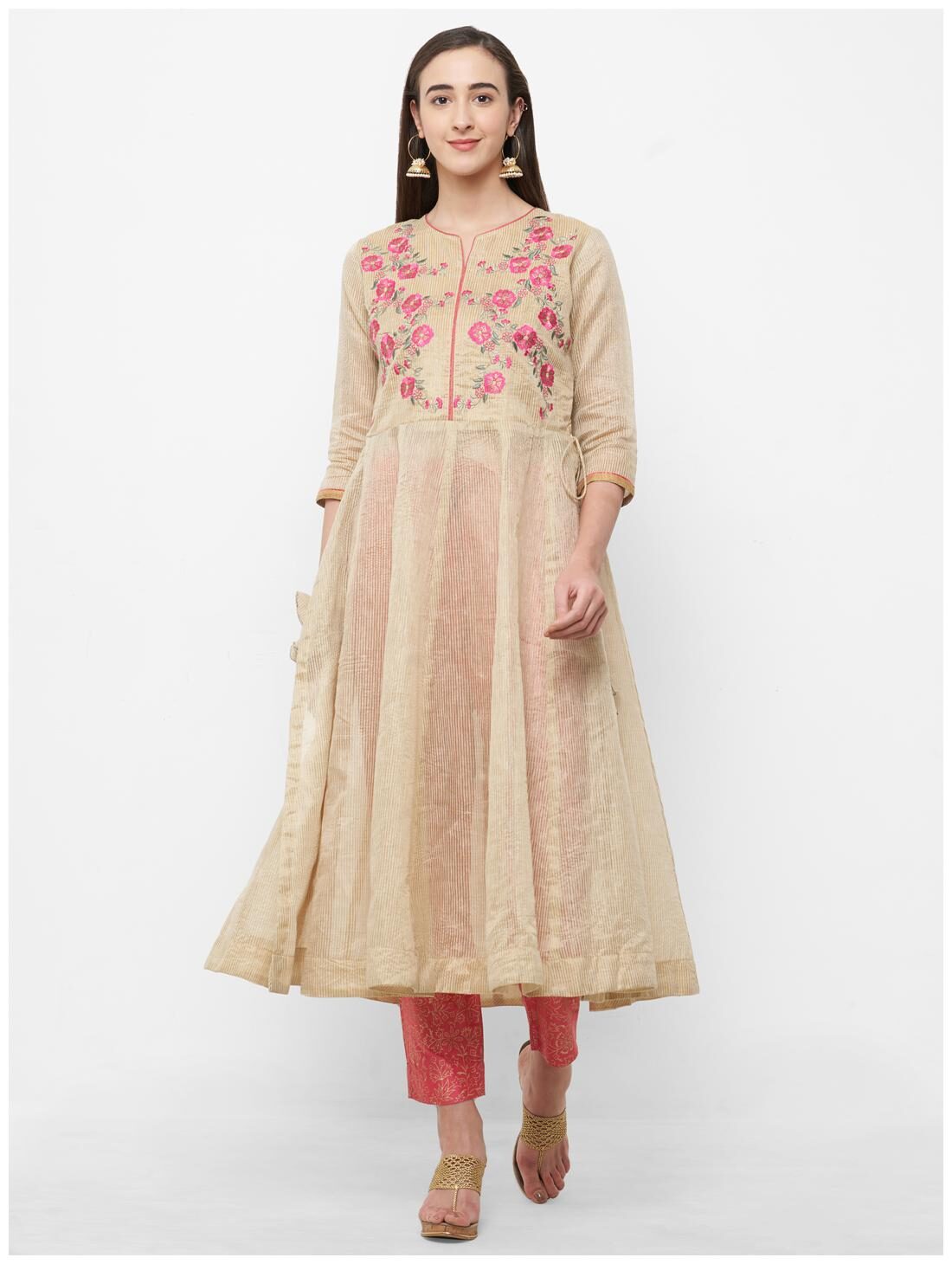 

Celebration Art Silk Embroidered Beige Kurti with Pant For Women