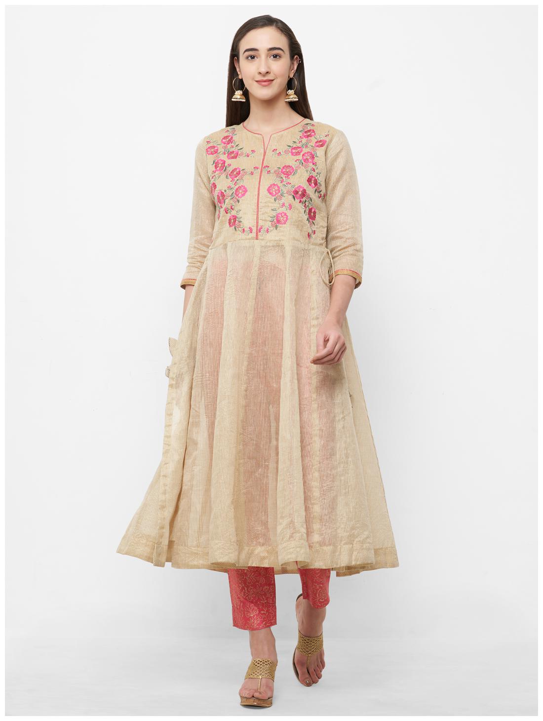 

Celebration Womens Embroidered Cotton Beige Round Neck Kurta and Pant Set