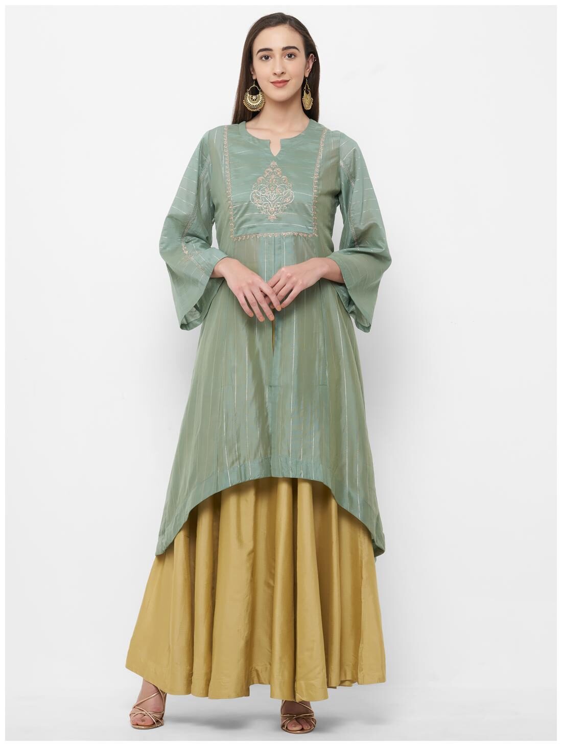 

Celebration Silk Embroidery Green Kurti Skirt Set For women
