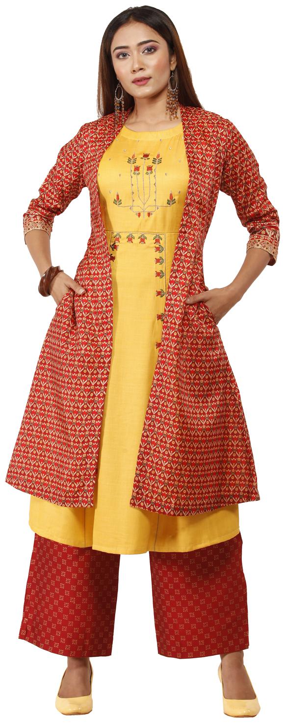 

Celebration Women Art Silk Embroidered Yellow Kurti With Palazzo And Jacket