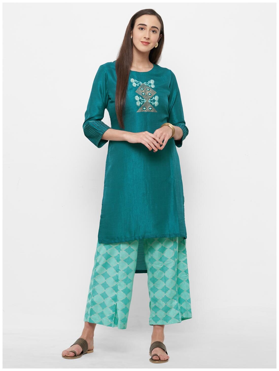 

Celebration Silk Embroidery Blue Kurti Palazzo Set For women