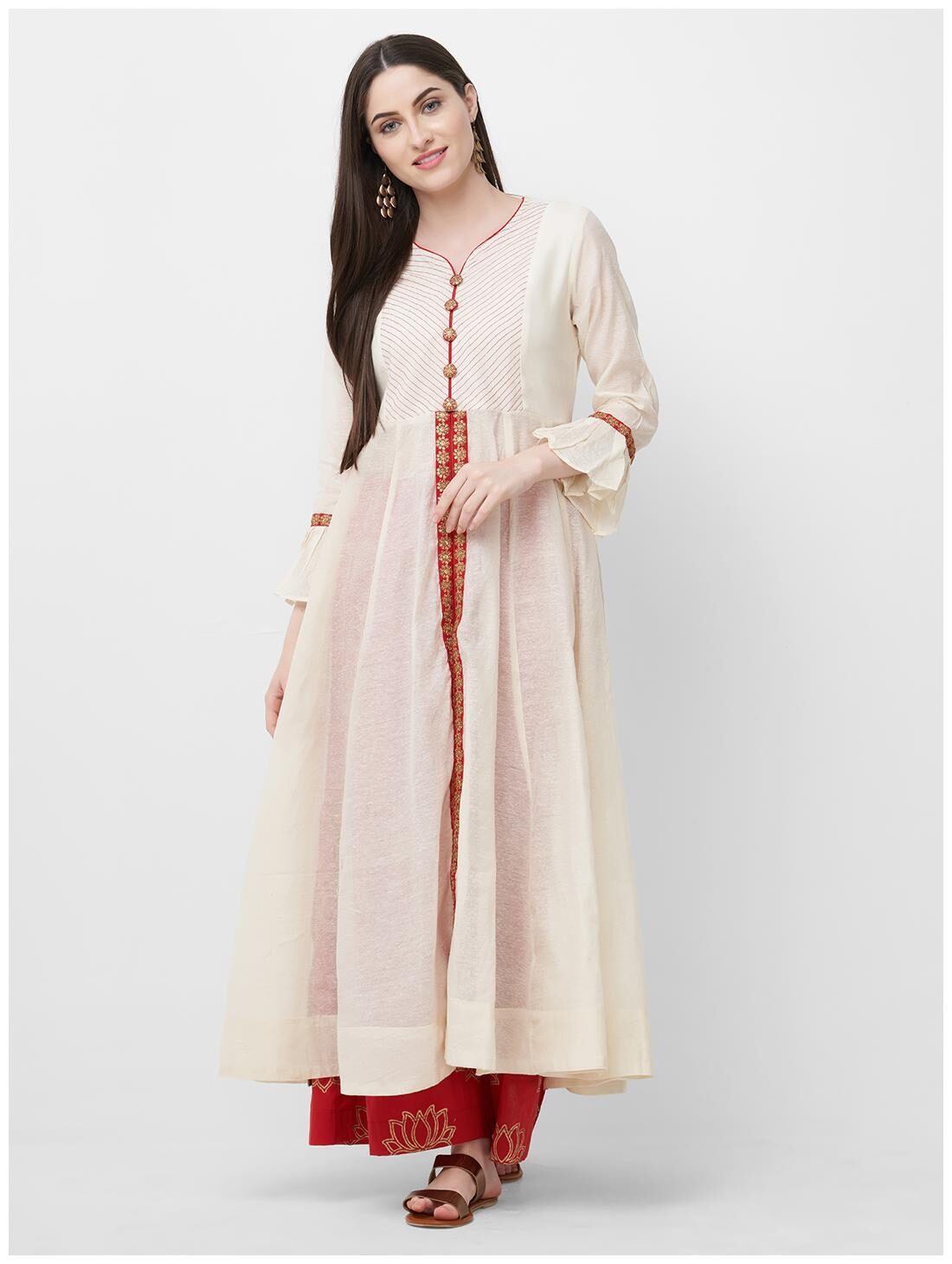 

Celebration Striped Silk Kurta With Palazzos For Women Color Cream