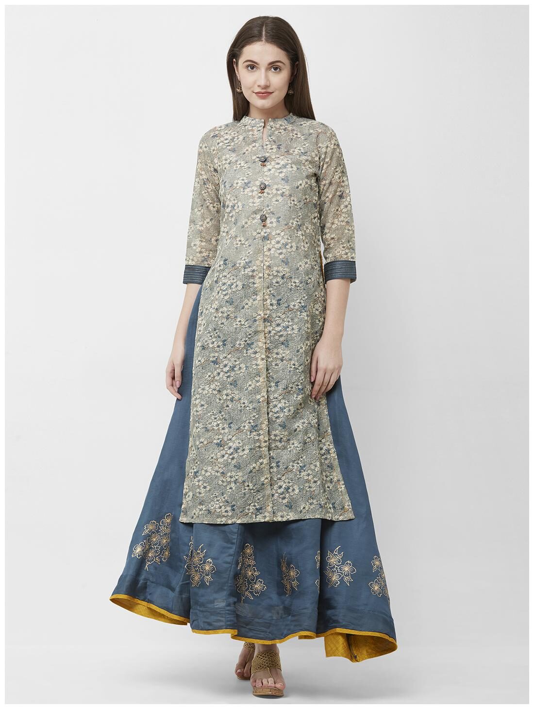 

Celebration Women Grey Floral Straight Kurta With Skirt