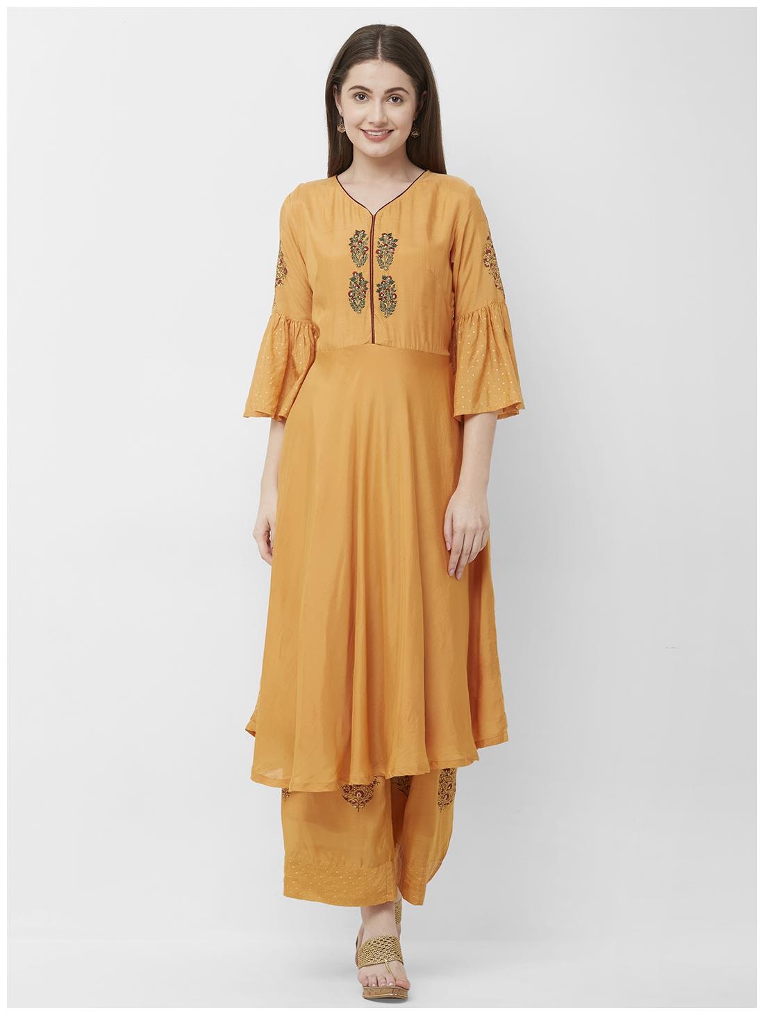 

CELEBRATION Women s Yellow Embroidered Silk Kurta-Palazzo Set