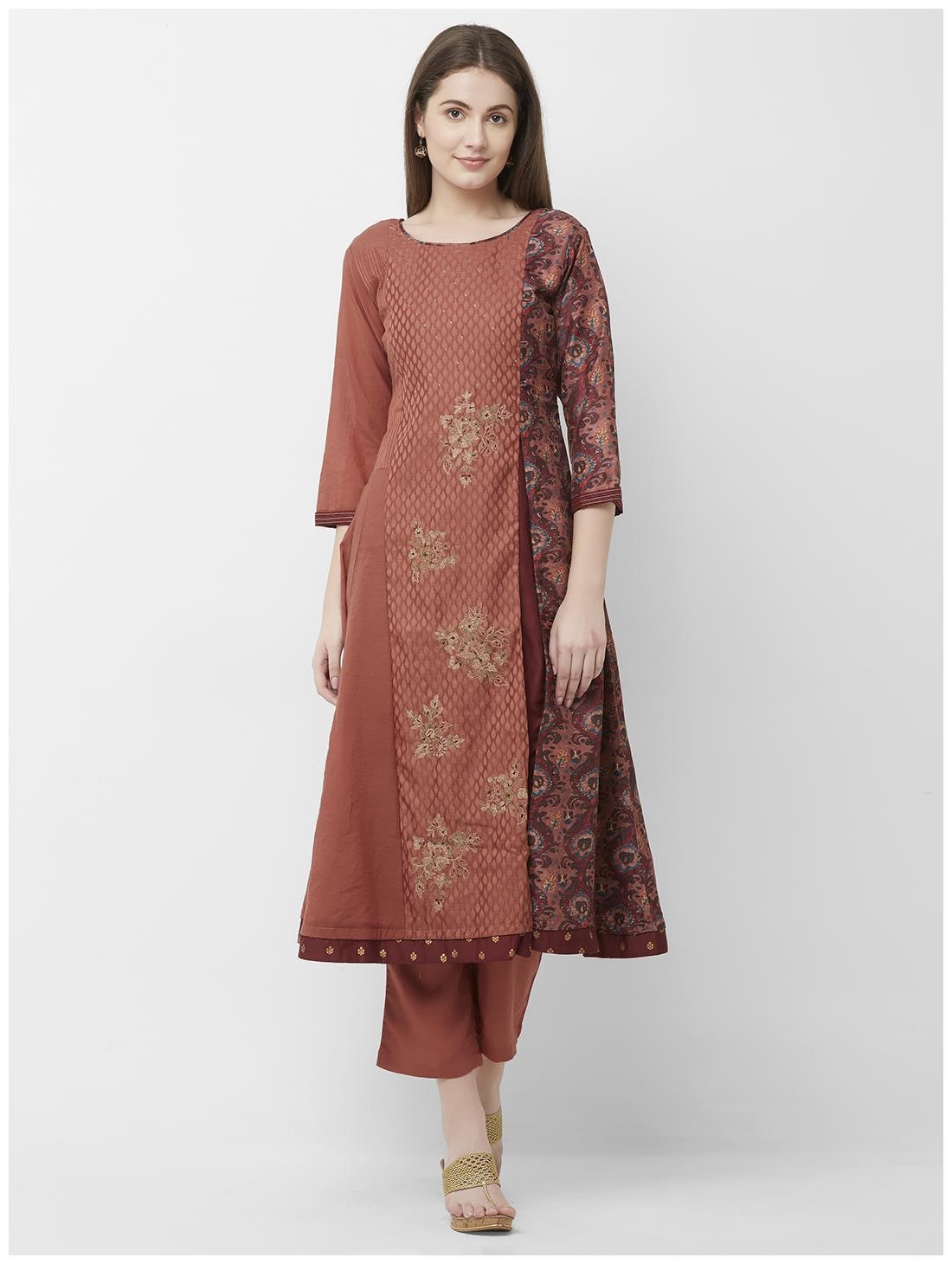 

CELEBRATION Women s Brown Embroidered Chanderi Silk Kurta-Pant Set