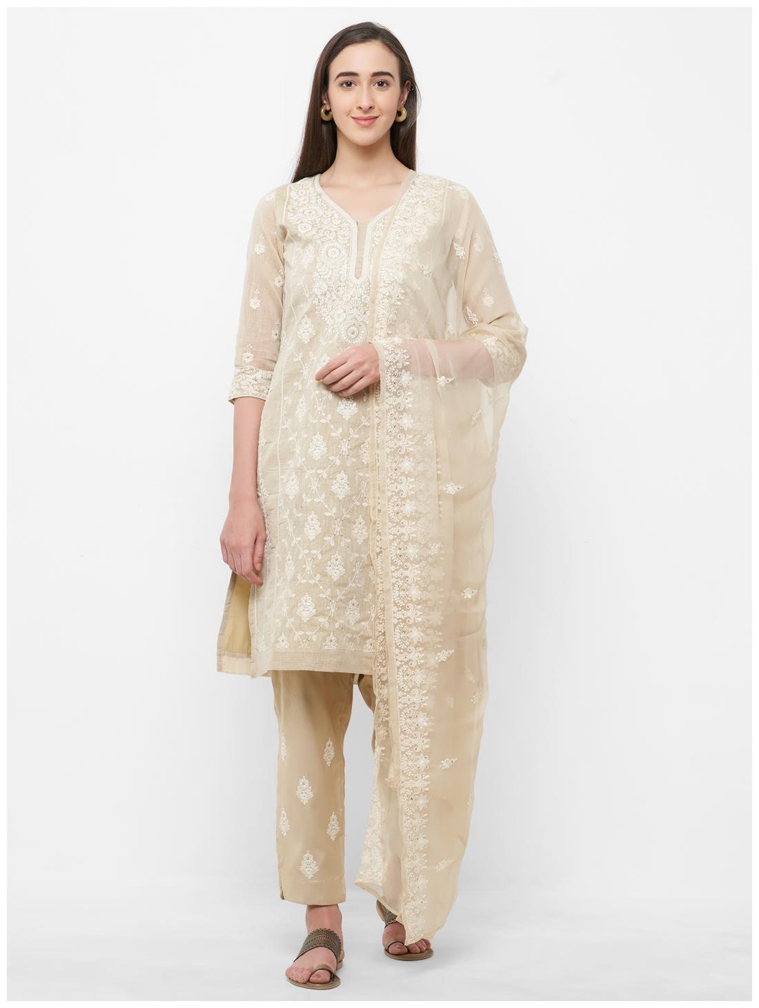 

Celebration Silk Embroidery Beige Kurti Pants With Dupatta Set For women