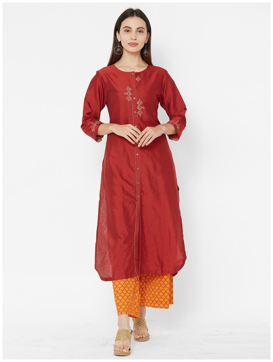 

CELEBRATION Women s Maroon Polyslub Round Neck Kurta and Palazzo Set - Maroon