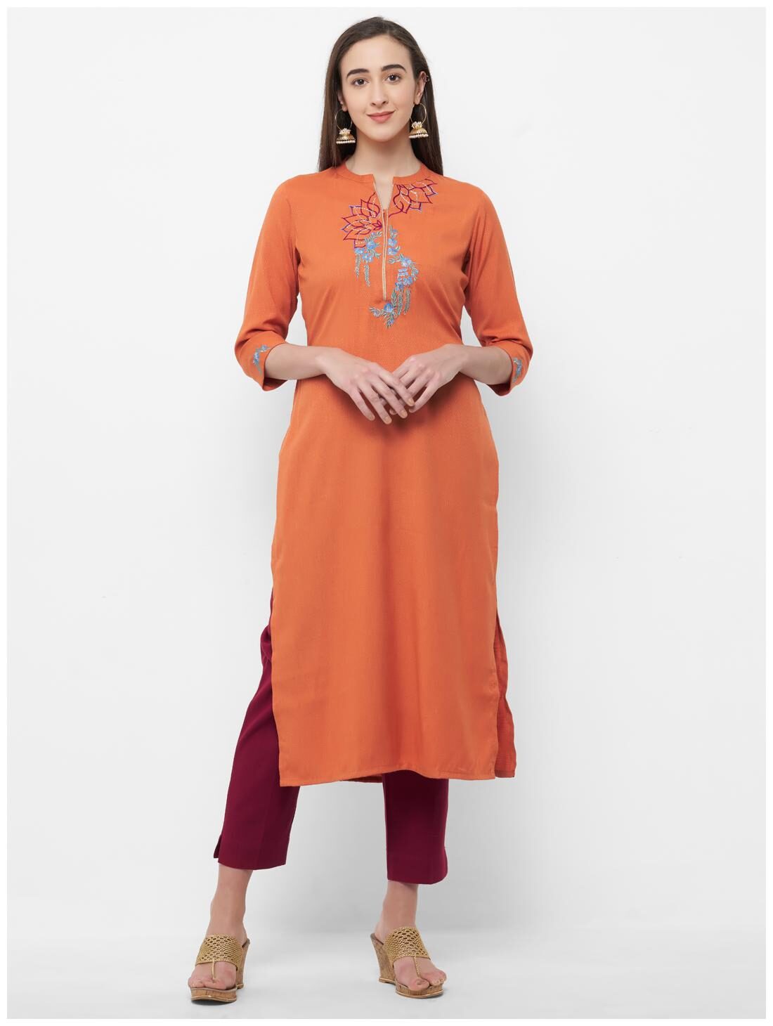 

Celebration Women Orange Embroidered Straight Kurti