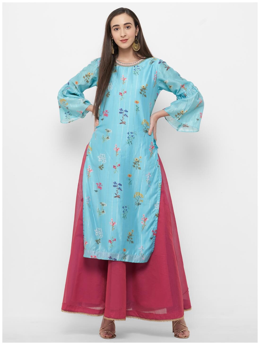 

Celebration Silk Floral Blue Kurti Skirt Set For women