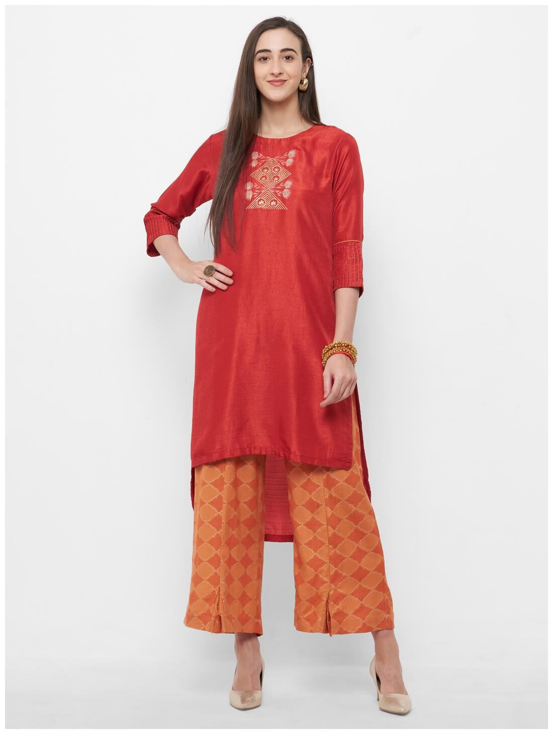 

Celebration Silk Embroidery Red Kurti Palazzo Set For women