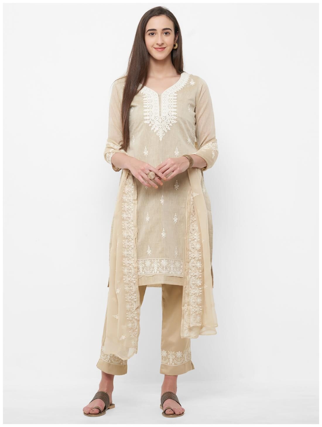 

Celebration Silk Embroidery Beige Kurti Pants With Dupatta Set For women