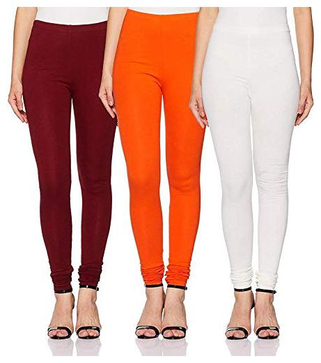 

Chanderkash Pack of 3 Soft Stretchable Cotton Lycra Churidar Free Size Leggings Combo Offer for Women (Maroon Orange White)