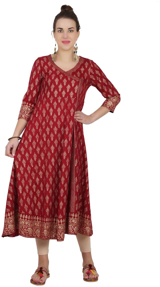 Cheera Women Maroon Printed Angrakha Kurta
