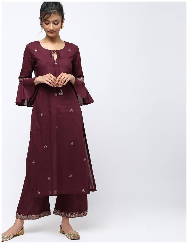 Cheera Women Wine Printed Straight Kurta With Palazzo