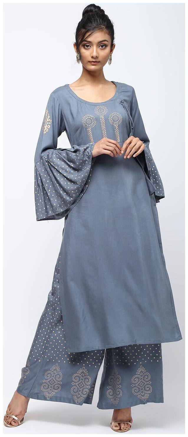 Cheera Women Grey Printed Straight Kurta With Palazzo