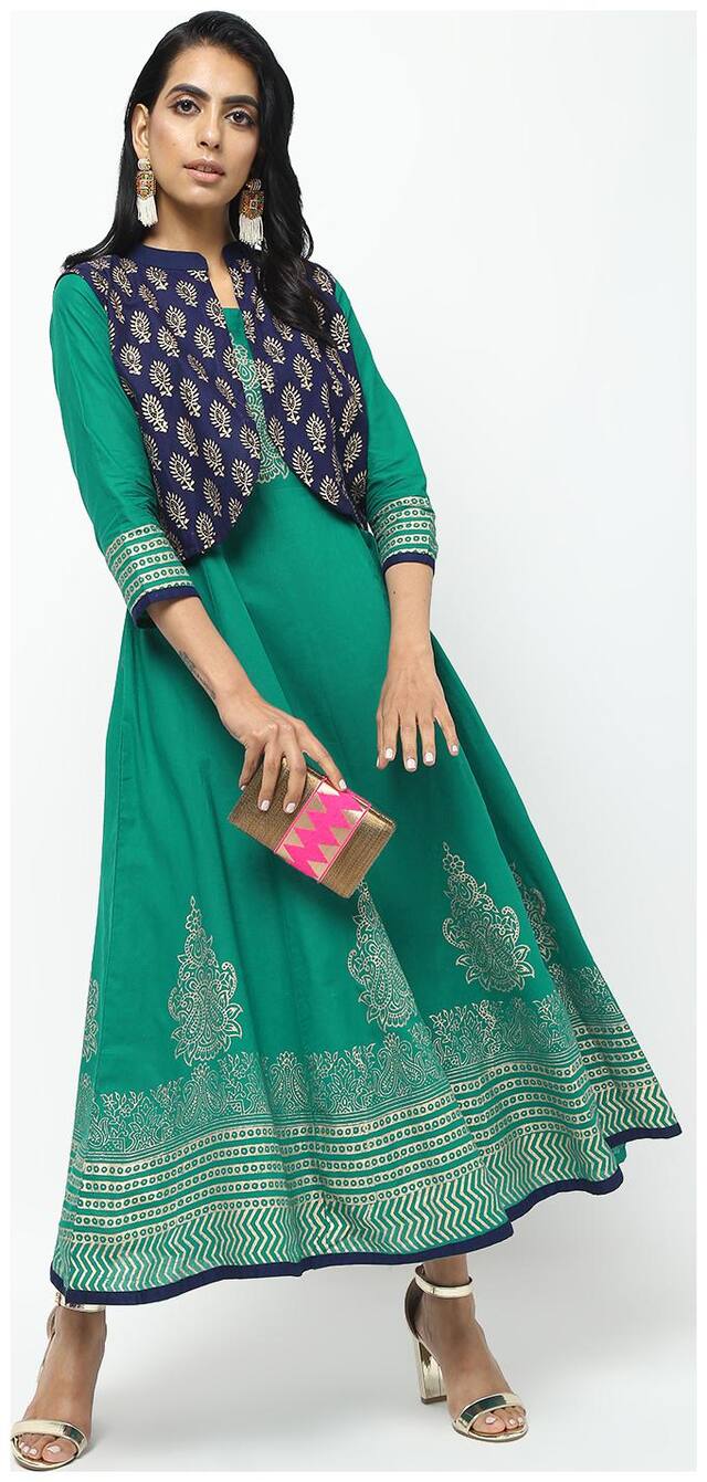 Cheera Women Green & Blue Printed Anarkali Fusion Dresses