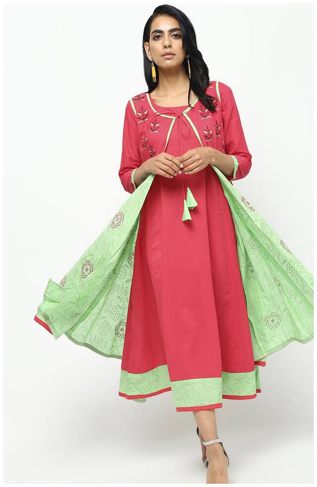 Cheera Women Pink & Green Printed Layered Fusion Dresses