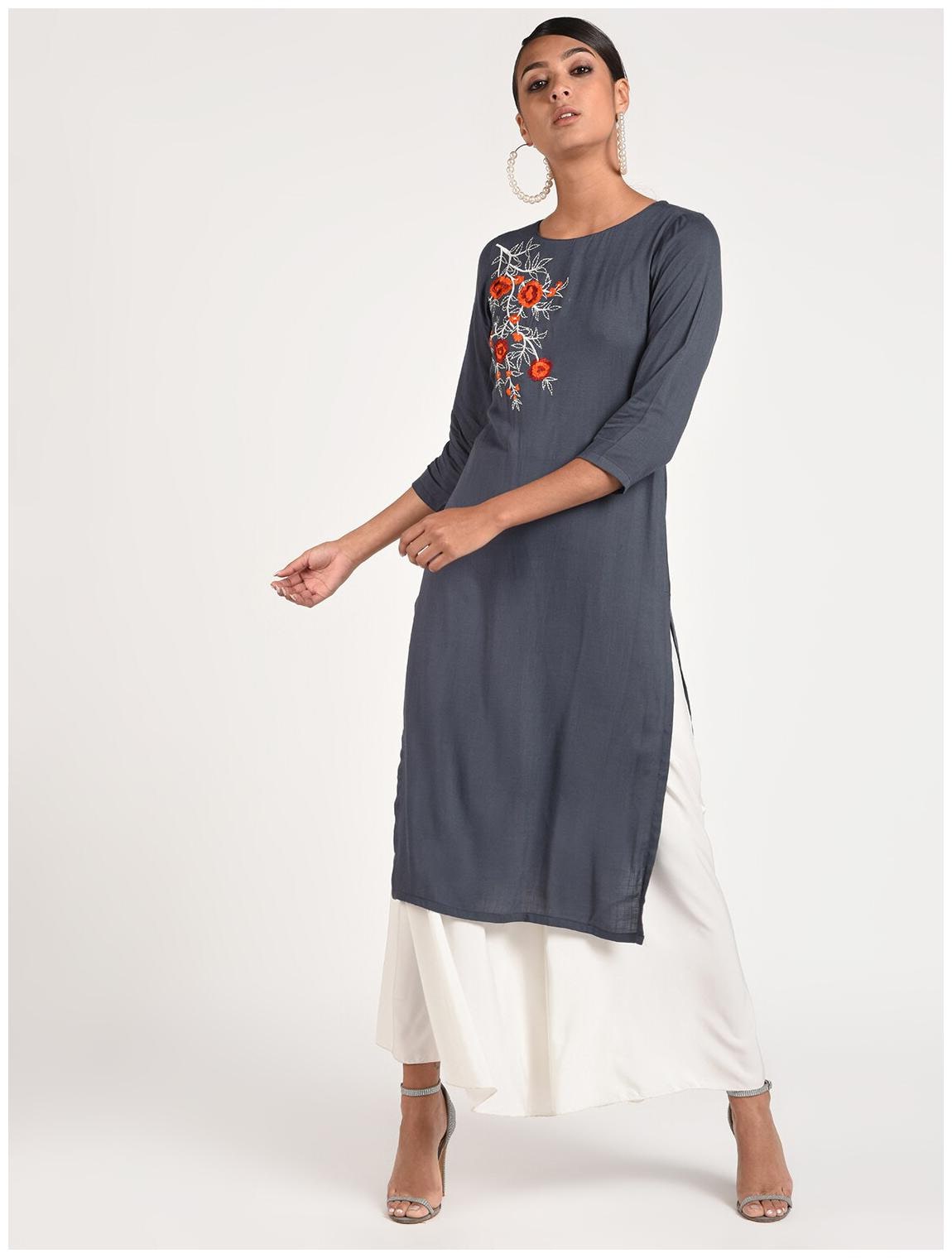 

Cheera Women Grey Embroidered Straight Kurta