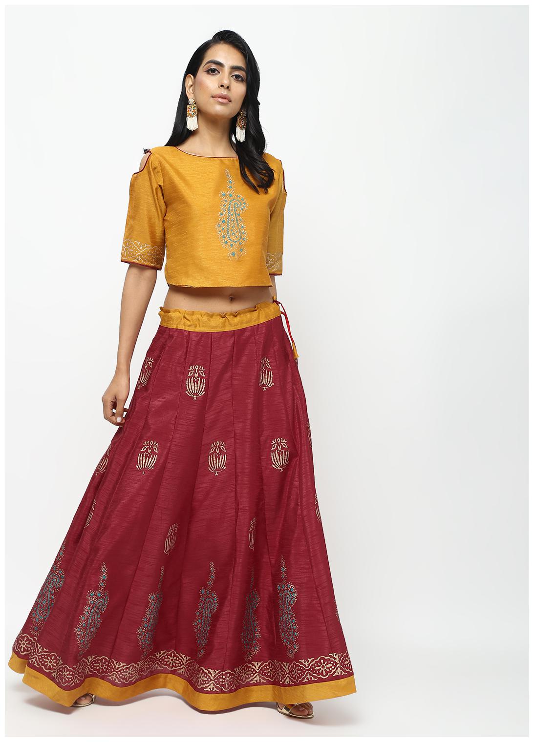 

Cheera Yellow Maroon Lehenga Skirt With Beautiful Block Printed Contrast Top