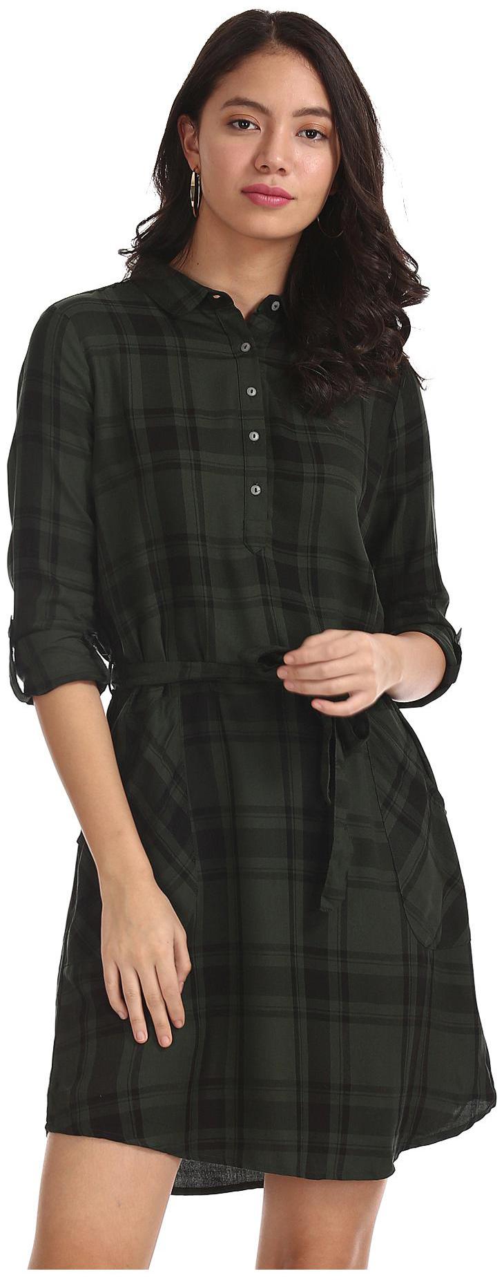 

CHEROKEE Green Checked Shirt dress