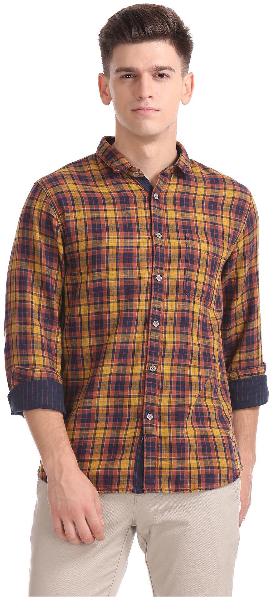 

CHEROKEE Men Yellow Checked Regular Fit Casual Shirt