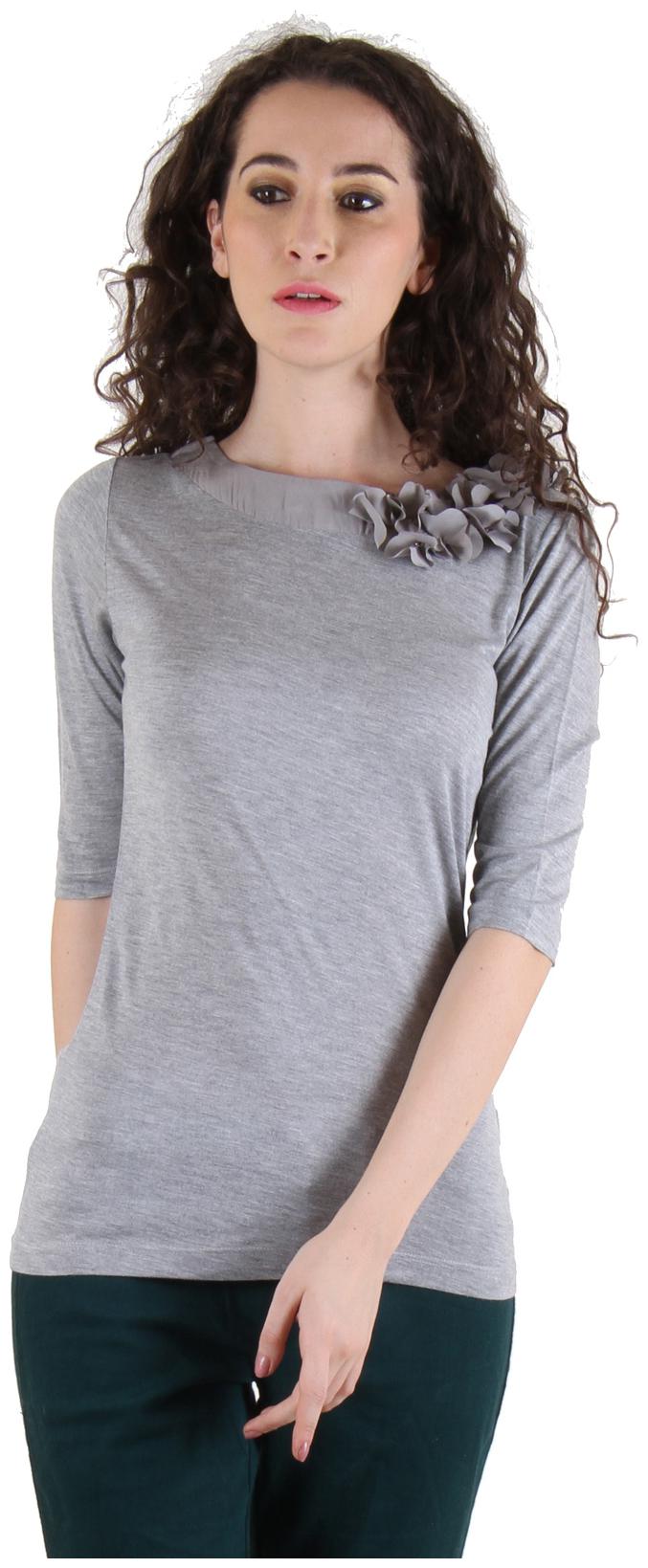 

CHIMERA Grey Half Sleeve Solid 100 Cotton Round Neck T Shirt For Women