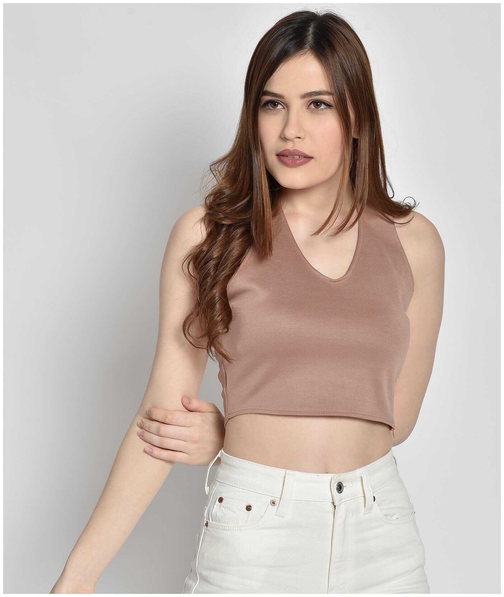 

Chimpaaanzee Polyester Beige Solid Top For Women