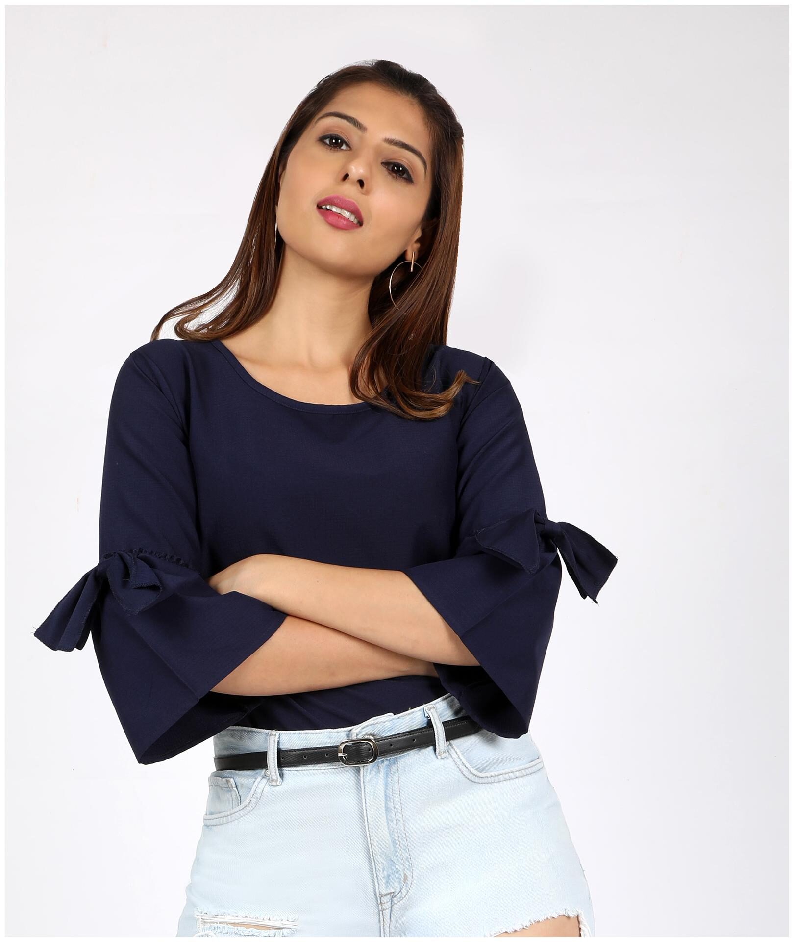 

Chimpaaanzee Polyester Navy Blue Solid Regular Top For Women