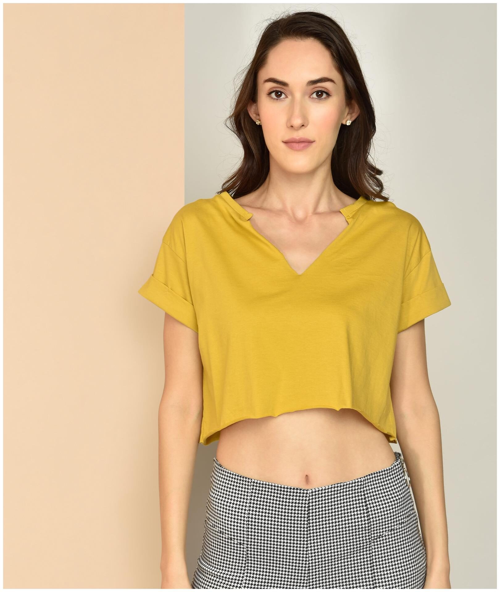 

Chimpaaanzee Women Cotton Solid Mustard Top
