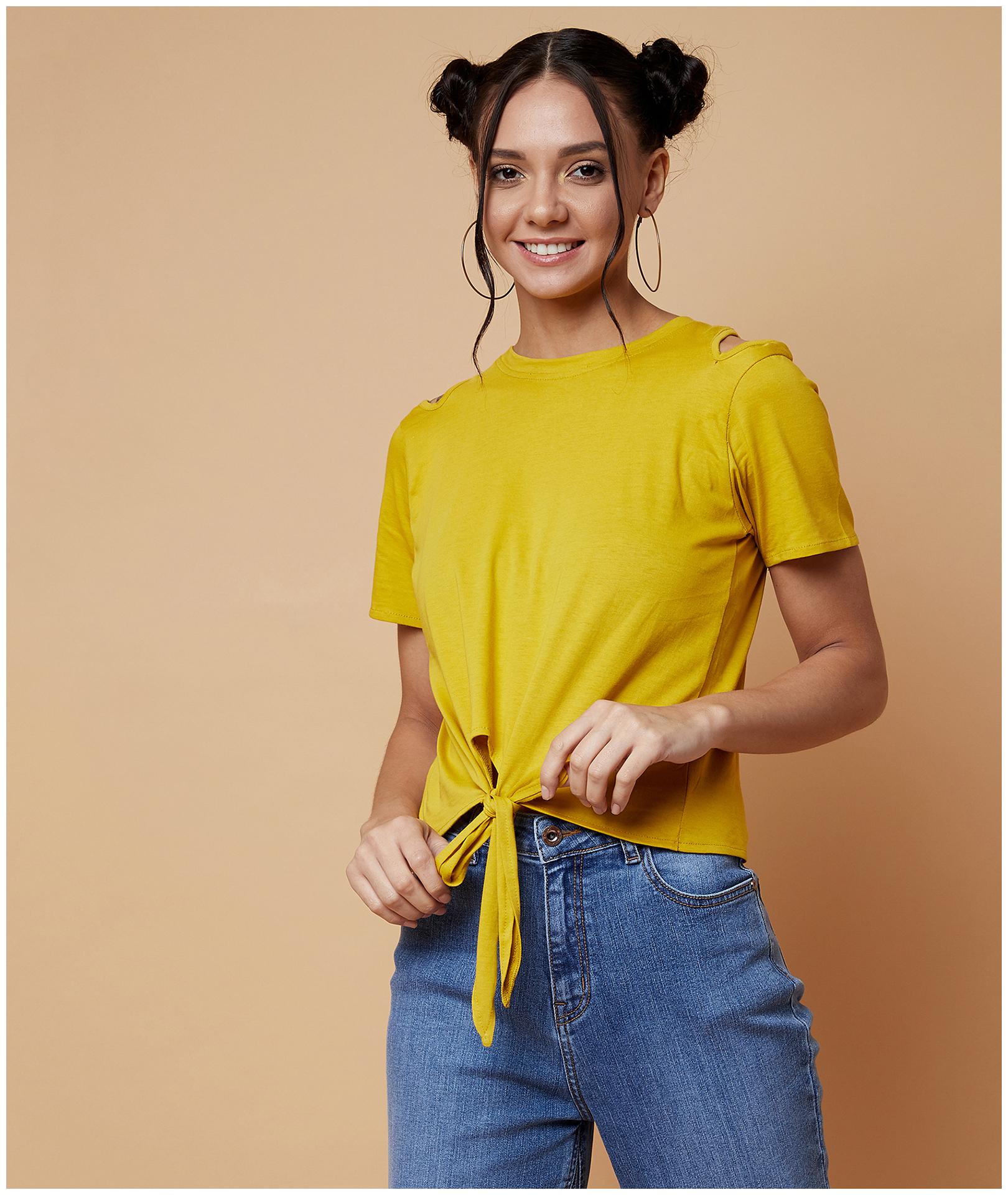 

Chimpaaanzee Women Cotton Solid Mustard Top
