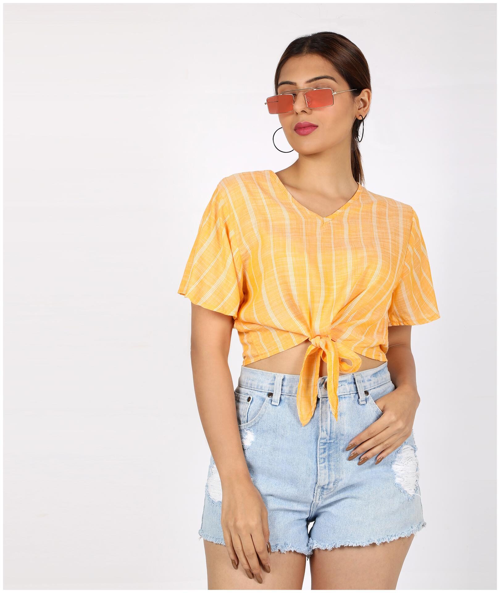 

Chimpaaanzee Viscose Rayon Yellow Striped Top Blouson For Women