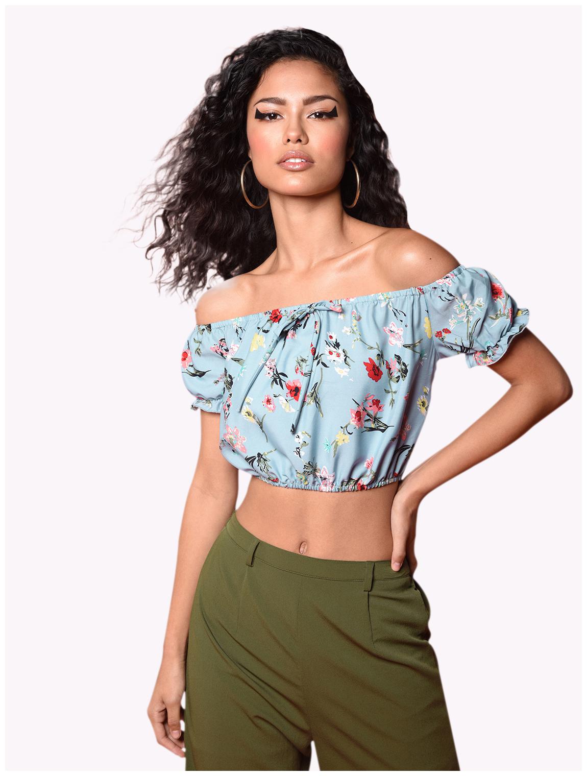 

Chimpaaanzee Women s Blue Crepe Floral Blouson