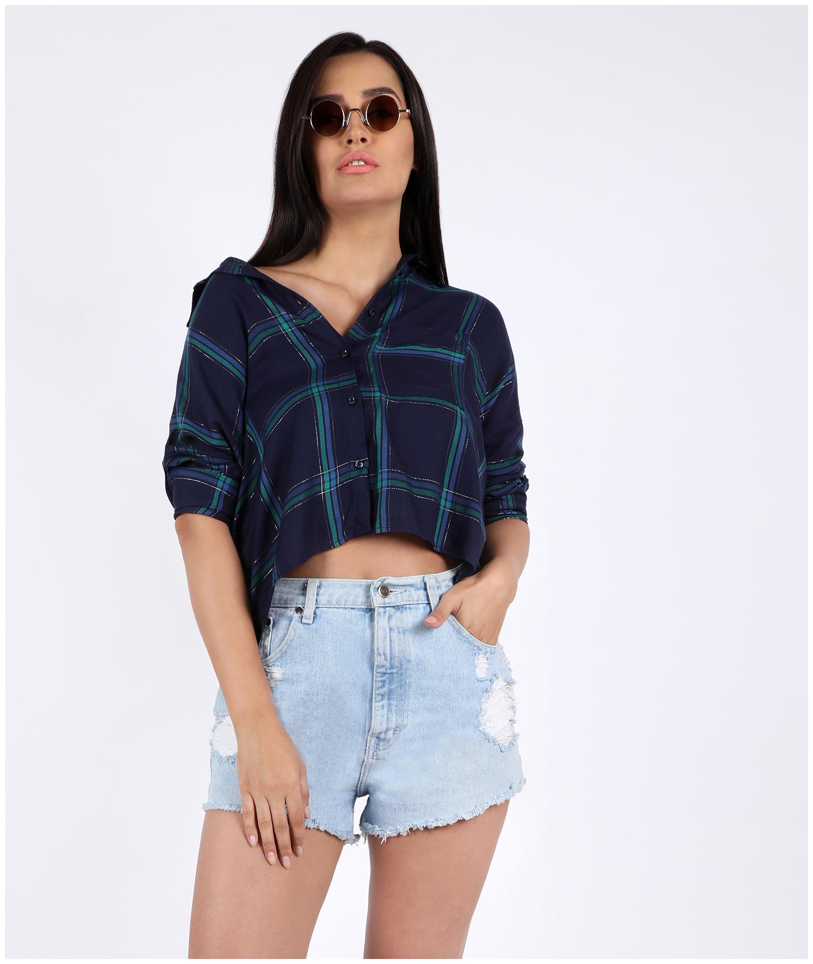 

Chimpaaanzee Women Viscose Rayon Checked Navy Blue Top