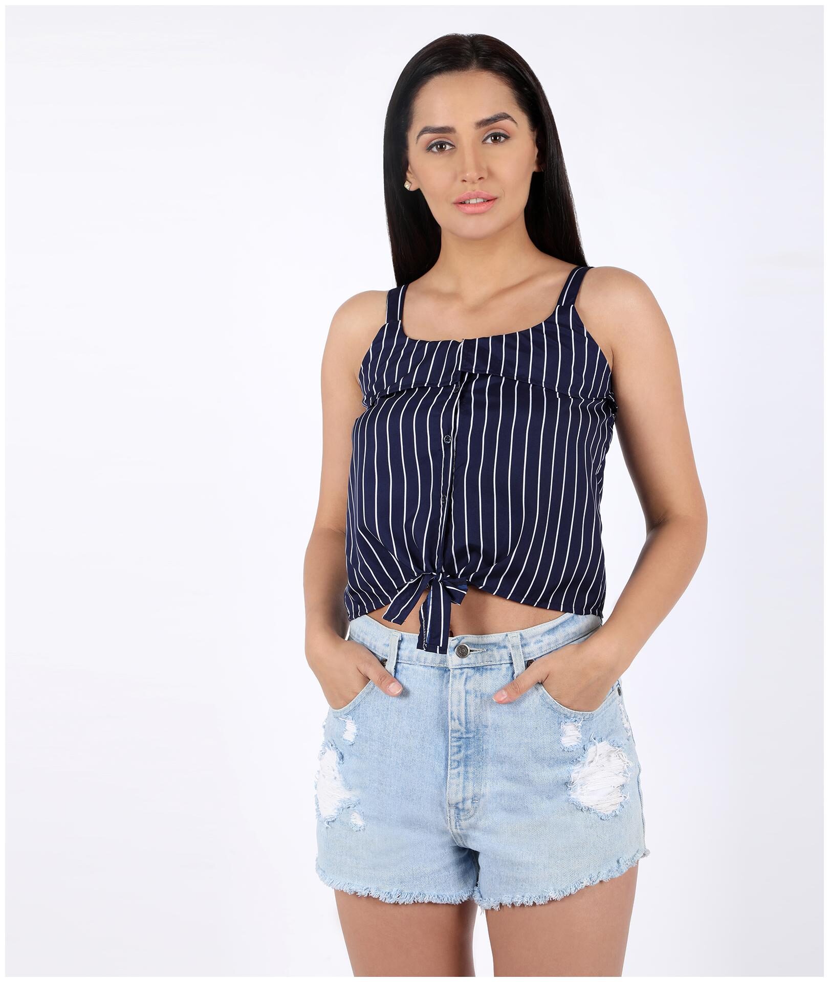 

Chimpaaanzee Women s Navy Blue Crepe Striped Blouson