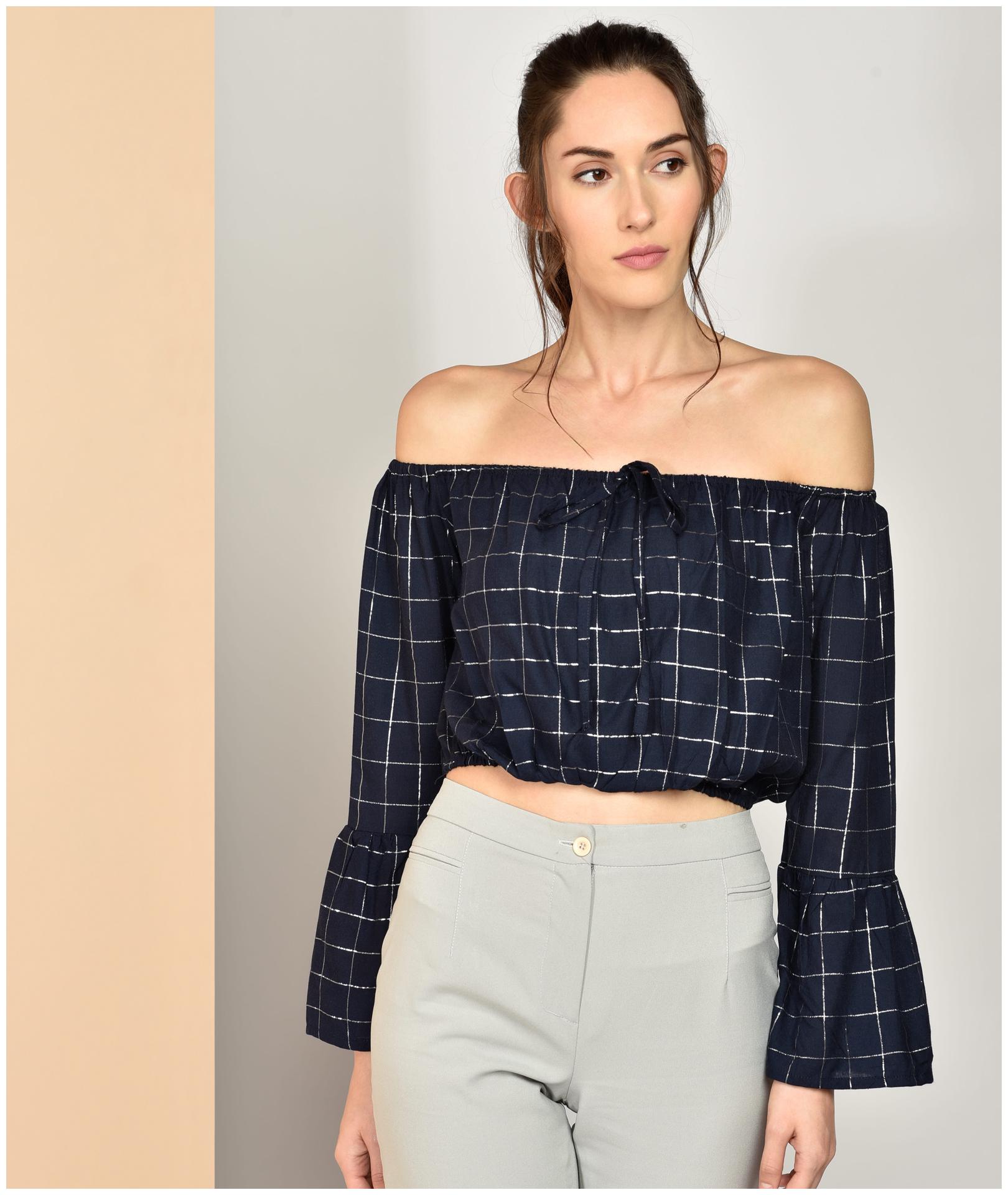

Chimpaaanzee Women Viscose Rayon Checked Navy Blue Top