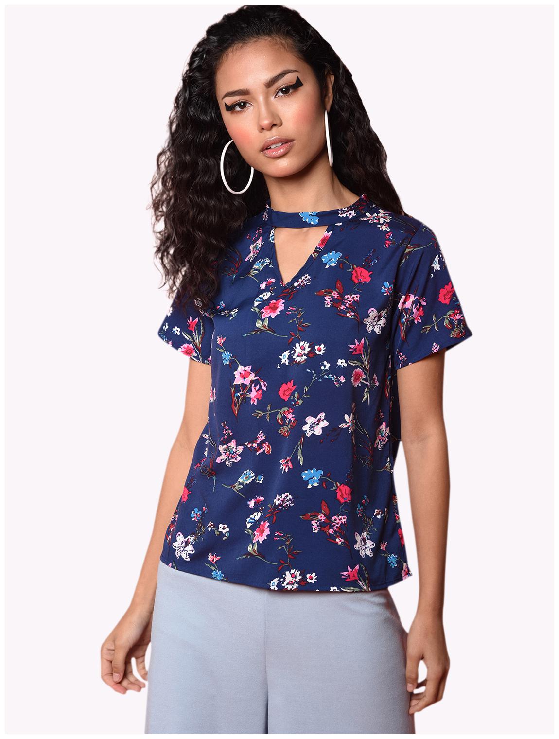 

Chimpaaanzee Crepe Floral Navy Blue Regular Top Women